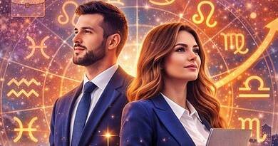 A napi karrier horoszkóp vizuális megjelenítése: csillagjegyek, kozmikus háttér és szakmai sikerre utaló szimbólumok.